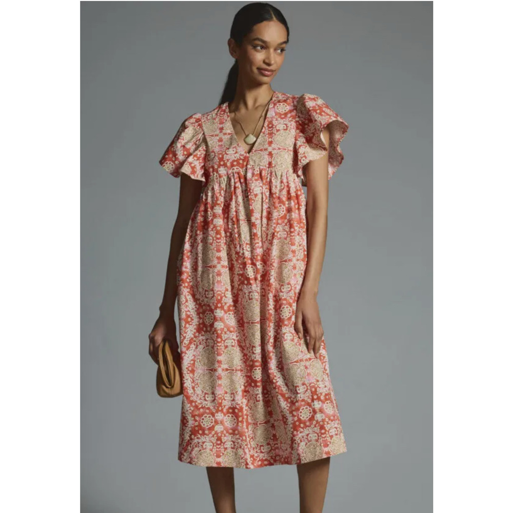 Anthropologie Maeve Printed Flutter Sleeve Dress Size Small Pink Montif NWT